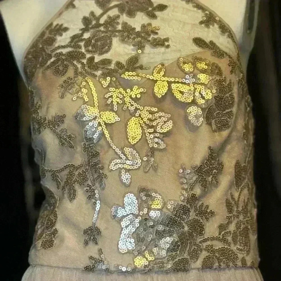 AMSALE Dress 14 Sequin Embellished Maxi Halter Neck Tulle A-Line Cocktail Beige - Picture 11 of 14